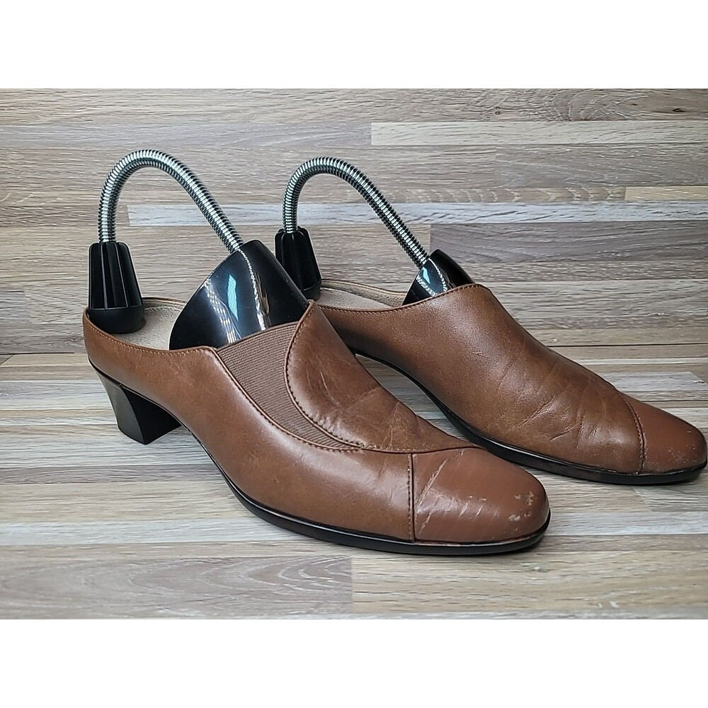 Munro Cassie Luggage Leather Open Back Shoes Mules Slip On Heel Womens Size 8 N